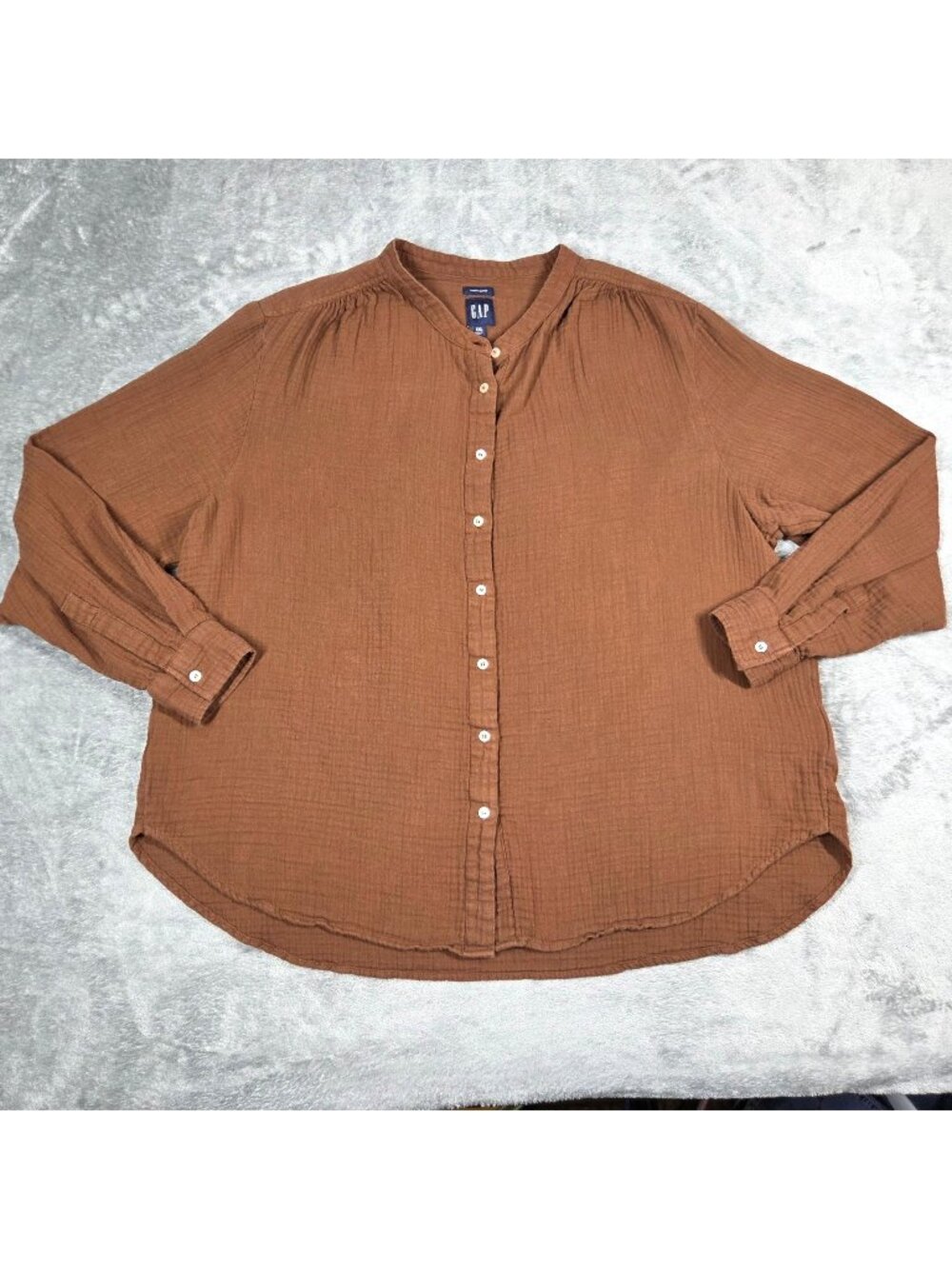 Gap Top Womens XXL Warm Brown Oversized Gauze Collarless Button Up Shirt